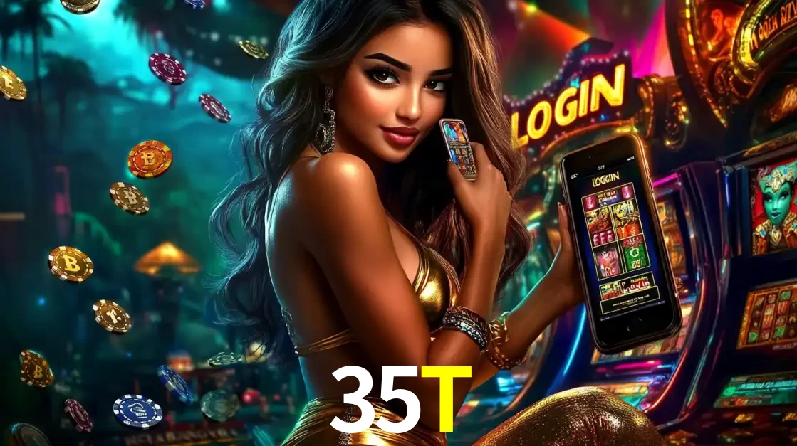 Mulher em um cenário de cassino temático de aventura, mostrando o app de caça-níqueis da 35T no celular. Fichas de apostas flutuam ao redor.