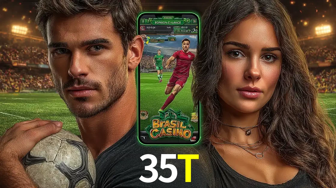 Homem segurando uma bola de futebol e uma mulher ao lado de um smartphone exibindo o jogo de apostas esportivas da 35T. Faça seu palpite no cassino online.